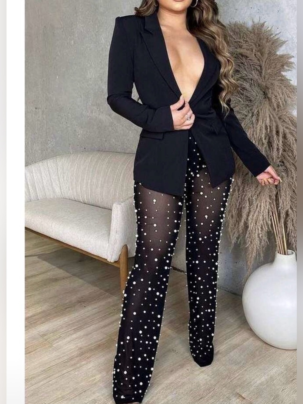 Black Sheer Wide-Leg Pearl Embellished Pants